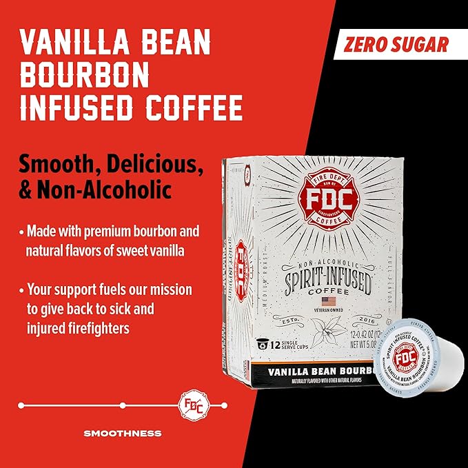 Fire Department Coffee - Vanilla Bourbon Coffee K Cups - Gives Back to Firefighters - Premium Vanilla Bean Bourbon Infused Pods - Non-Alcoholic - Roasted in the USA - Veteran Owned - 12 Single Pods