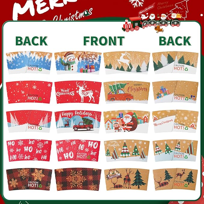 Christmas Cups with Lids and Sleeves 12oz Disposable Coffee Cups with Lids Hot Chocolate Cups 10 Designs, Christmas Paper Cups for Hot Cocoa Bar Supplies, 90 Pieces
