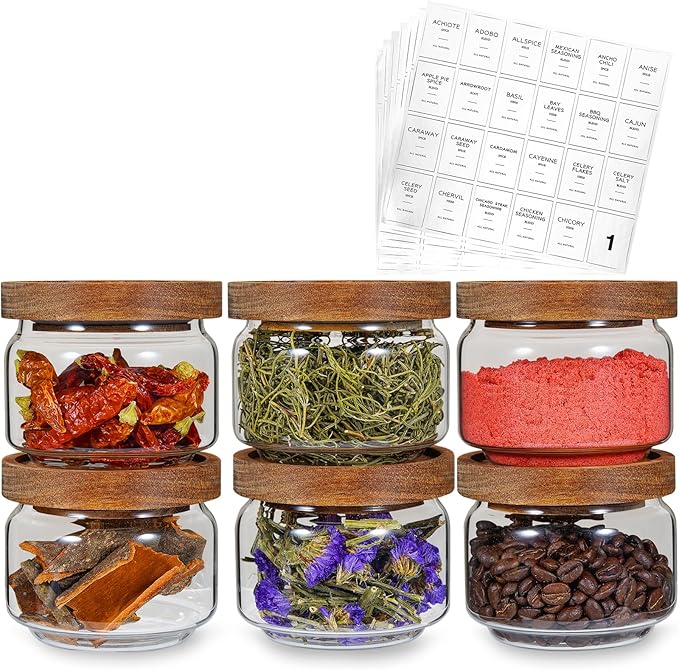 Glass Spice Jar Coffee Sugar Container Airtight Glass Jar Food Storage Canisters Bottle for Kitchen Seasoning Tea Herb Overnight Oats Bar Parfait Snacks (6 * 250ml(8.4oz))