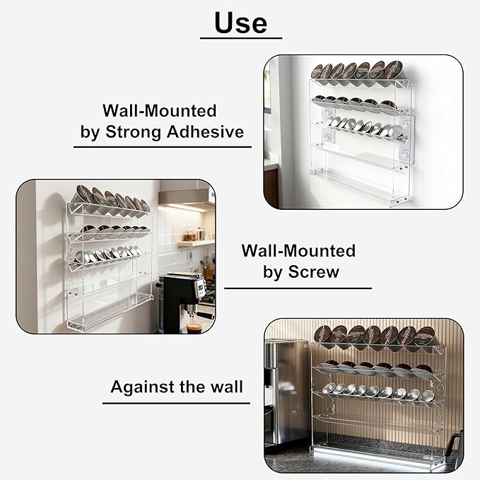 5 Tier Coffee Pod Holder for Nespresso Vertuo, Wall Mount K Cup Holder for Small Space, Clear Acrylic Coffee Pod Organizer Compatible with Most Standard Pods (30-50 Pod Storage)