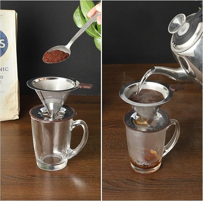 Pour Over Coffee Dripper, Reusable Paperless Coffee Filter,Professional Stainless Steel Drip Cone Brew Coffee Strainer,Upgraded Double Micro Mesh Filter with Cup Stand,1-4 Cup