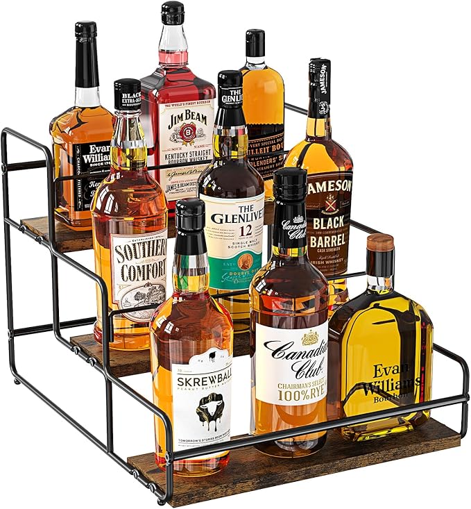 Nuovoware Liquor Bottle Display Shelf, 3-Tier Liquor Shelf, Carbon Steel Bar Cabinet with Wooden Base and Retainer Bar for Whiskey Syrup Wine, Wine Rack for Countertop Kitchen Coffee Bar, Black