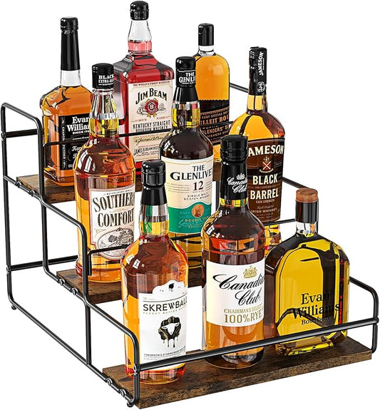 Nuovoware Liquor Bottle Display Shelf, 3-Tier Liquor Shelf, Carbon Steel Bar Cabinet with Wooden Base and Retainer Bar for Whiskey Syrup Wine, Wine Rack for Countertop Kitchen Coffee Bar, Black