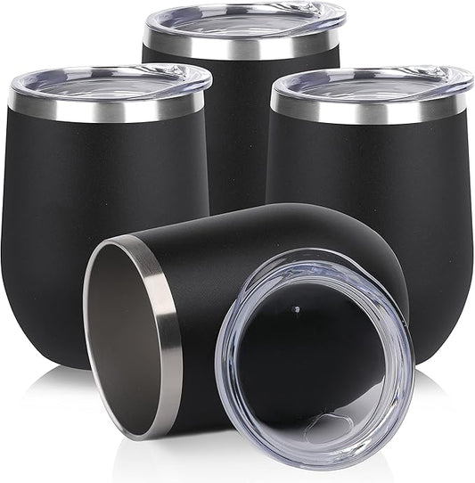 DOMICARE Stainless Steel Wine Tumbler Bulk with Lid, Personalized Insulated Tumblers Set, 12oz Travel Coffee Cups Pack of 4, Black