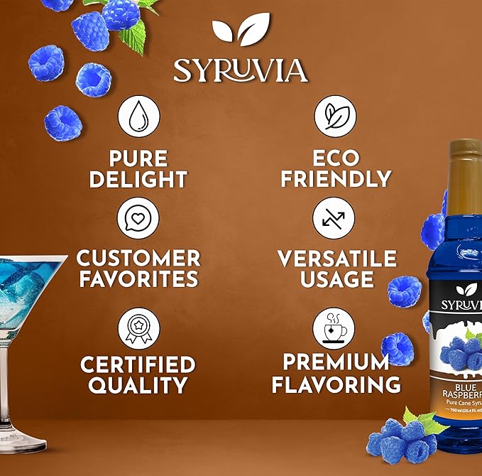 Syruvia Blue Raspberry Syrup, Flavored Syrup for Drinks, Cocktails, Lemonades, Iced Teas, and Desserts – 25.4 fl oz, With Pump