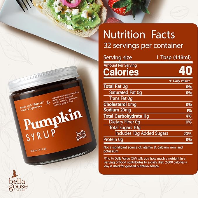 Bella Goose Pumpkin Syrup (16oz) - Homemade Pure Cane Sugar Syrup for Lattes, Matcha, Desserts & Ice Cream - Clean Ingredient - No Artificial Flavors, Dyes or Preservatives - Syrups for Coffee Drinks