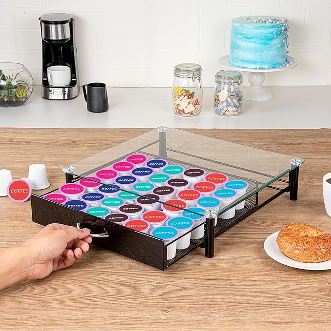 Restaurantware Restpresso 15.2 x 13.6 x 3.4 Inch Coffee Capsule Drawer, 1 Heavy-Duty Pod Drawer - Holds 36 K-Cups, Glass Top, Iron Espresso Pod Organizer, Mesh Tray, Pods Not Included