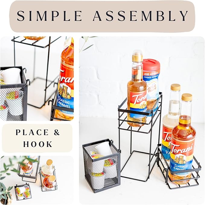 Bella Beau Coffee Syrup Organizer, Coffee Syrup Dispenser, w/Moveable Mesh, Syrup Rack, Tea Station Stand for Countertop, Holds 4 Bottles, Tea Bar Accessories for Countertop