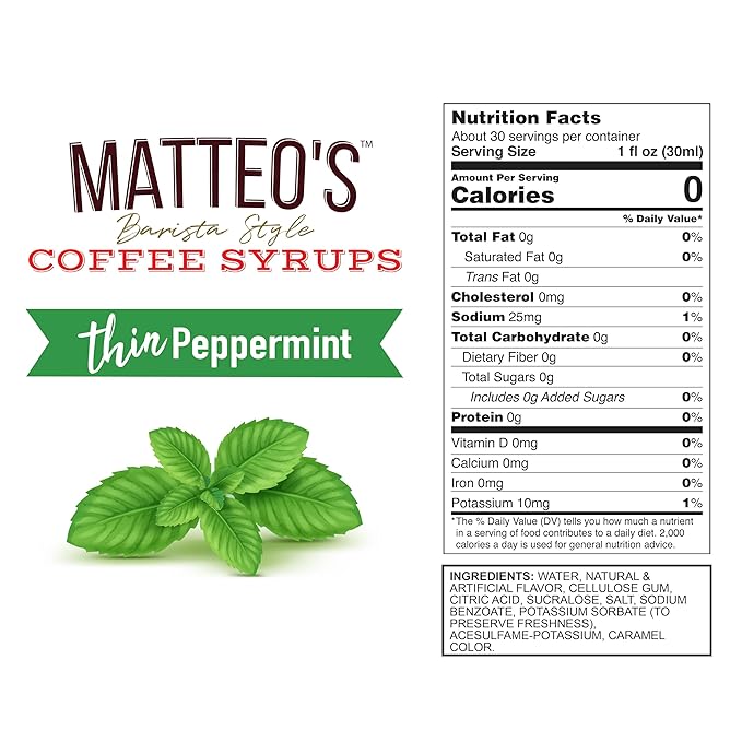 Matteo's Peppermint Syrup for Coffee, Lattes, Cappuccinos & Desserts – Sugar-Free Sweetener for Beverages, Keto Friendly, Zero Calories, Indulgent Flavor, Non-Alcoholic, Ideal for Coffee 33.8oz (6pk)