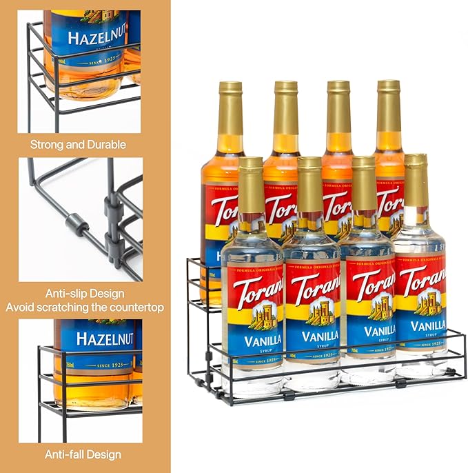 8 Bottles Coffee Syrup Rack Organizer, Coffee Syrup Stand Holder, 2 Tier Coffee Syrup Organizer for Coffee Bar Station, Wine Rack for Countertop, Bottle Display Shelf for Cocktail, Dressing