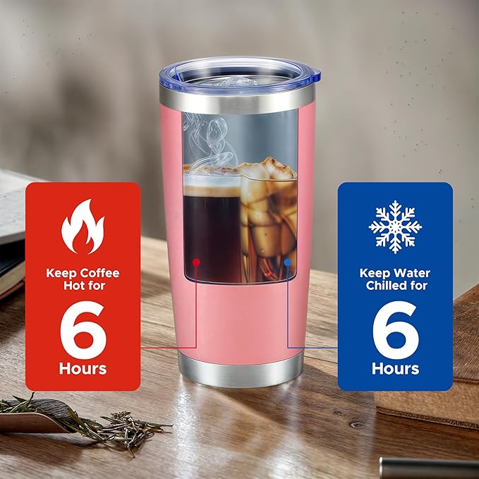 OMTech 20oz Tumblers Bulk, 6pc Stainless Steel Tumbler Set with Lid & Straw, Double Wall Vacuum Insulated Mug for Laser Engraver, Travel Coffee Mug for Hot & Cold Drinks, Pink Powder Coated Cup