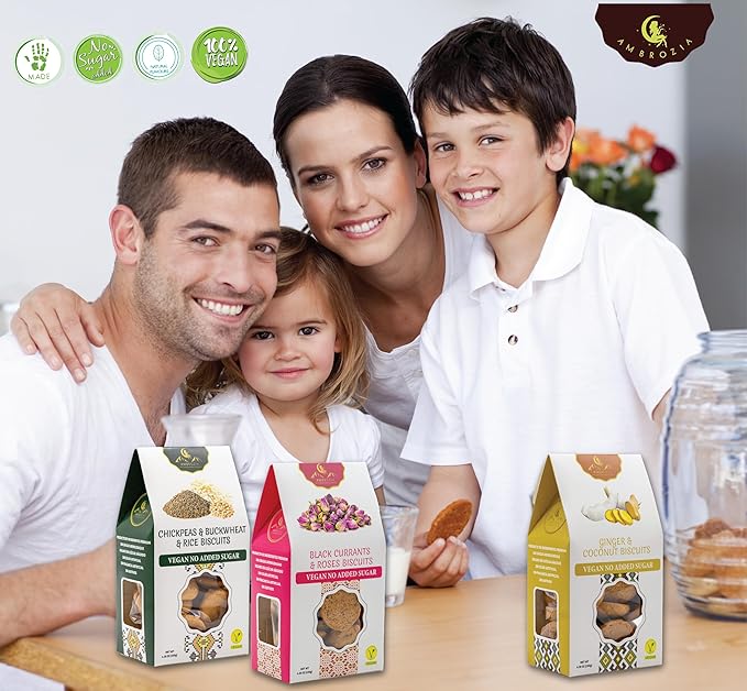 Ambrozia Vegan Snack Biscuits – Chocolate & Sour Cherry - Soft Baked, No Added Sugar, Clean Label, High Fiber & Wholesome Ingredients, Kid-Friendly, Healthy Snacks for Active Lifestyles, 4.58 Oz