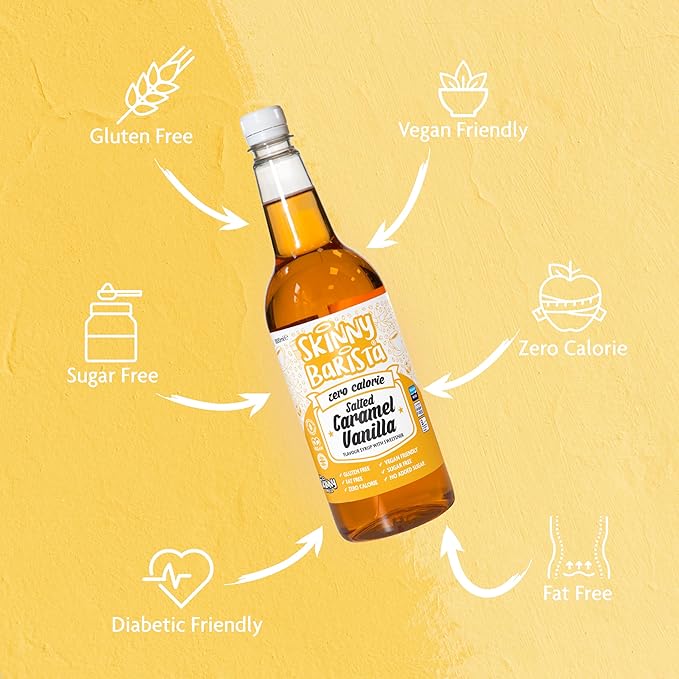Skinny Food Co Salted Caramel Vanilla Syrup Zero Calorie 35 Fl Oz - Sugar Free Coffee Syrups for Tea, Hot Chocolate, Baking, Protein Drinks - Vegan, Gluten-Free & Fat-Free - Syrups For Coffee Drinks