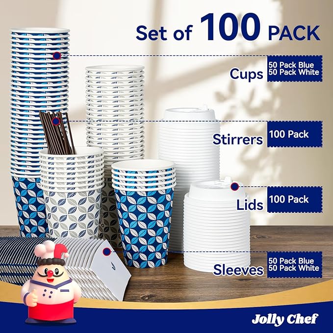 JOLLY CHEF 12oz Paper Coffee Cups 100 Pack, Disposable To Go Coffee Cups with Lids, Sleeves and Stirrers for Christmas