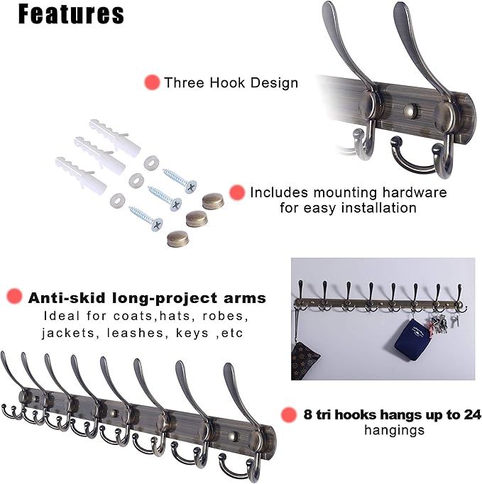 Dseap Coat Rack Wall Mount - 29.5” Long 8-Tri-Hooks Heavy Duty Coat Hanger Rail Wall Hooks for Hanging Coats Hats Clothing Clothes Purse Mudroom Entryway, Bronze