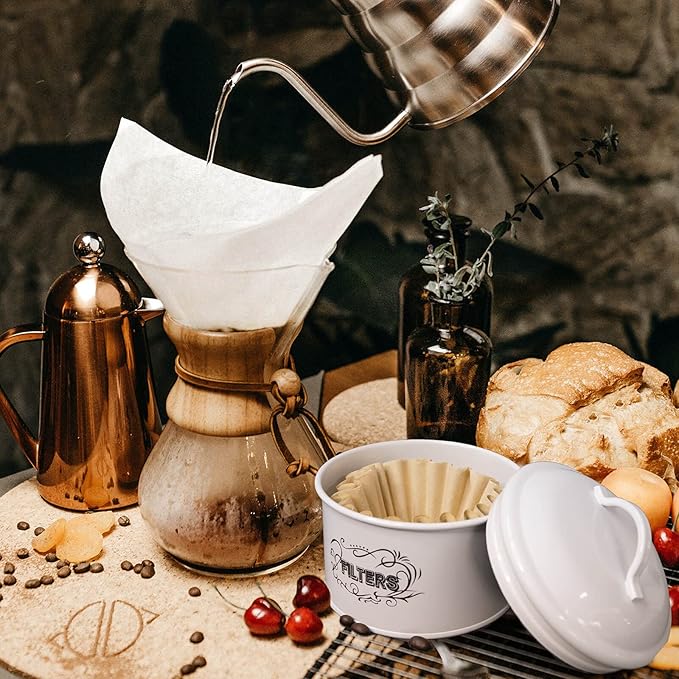 SOTECH Coffee Filter Holder Storage,White Basket Enamel Filter Jar Container in Rustic Farmhouse Distressed Enamelware Design Round for Counter(Metal Coffee Filter Jar)