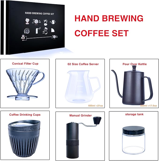 DS&DV Coffee Maker Set,Incl,Conical Filter Cup, Server, Pour Over Kettle, Cup, Manual Grinder,Hand Brewing for Camping and Traveling Personal Bar (6 in 1 Coffee Makers)