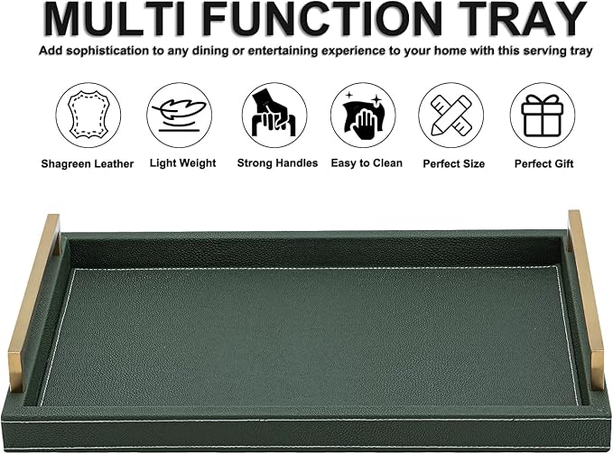 Green Decorative Serving Tray,Rectangular Tray for Coffee Table,Faux Leather Serving Tray with Handles for Ottoman,Shagreen Leather Tray for Bathroom