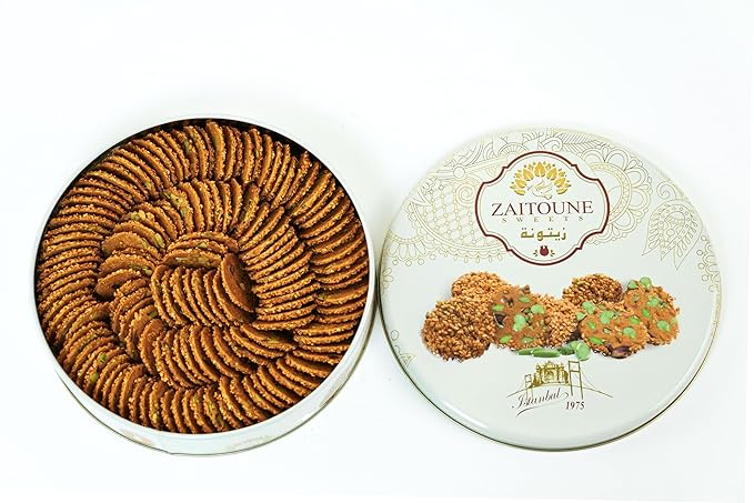 Zaitoune Barazek Cookies - 18 oz | Luxurious Crunchy Sesame & Pistachio Cookies Handcrafted in Turkey | Beautiful Reusable Gift Tin | Perfect for Coffee or Tea | Great Sharing Present
