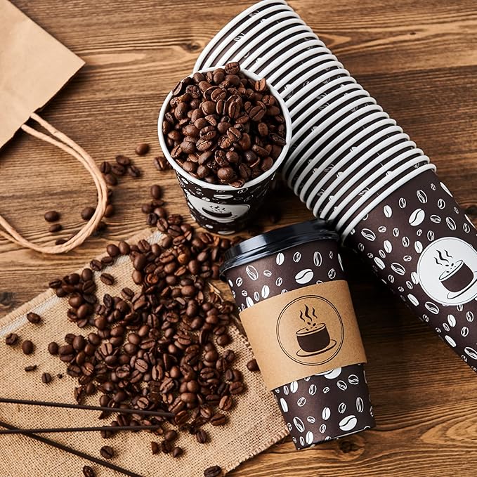 JOLLY PARTY Disposable Coffee Cups with Lids, Sleeves and Straws - 16oz(100 Pack) Paper Coffee Cups with Lids, Durable, BPA Free Hot Cup for Shops, Cafes, and Concession Stands(Dark Brown)