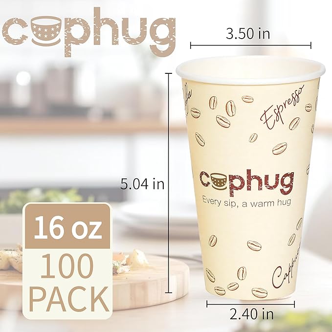 Cuphug 100 Pack 16 oz Coffee Cups with Lids, To Go Paper Cups with Sleeves and Stirring Sticks, Insulated Disposable Coffee Cups for Hot/Cold Drinks