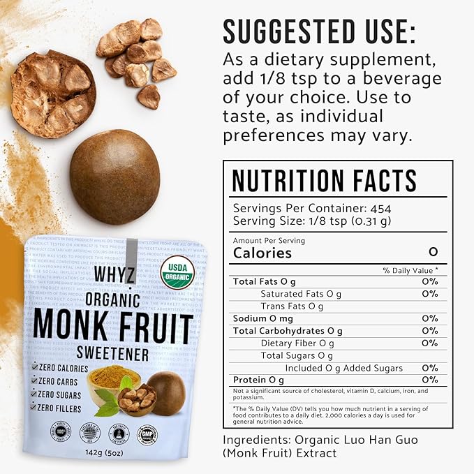 Organic Monk Fruit Extract, 5 oz, Pure Monk Fruit Sweetener Organic No Erythrytol and Zero Calorie, Sugar Substitute, Powdered Monkfruit Sweetener Keto and Paleo Diet Friendly, 458 Servings
