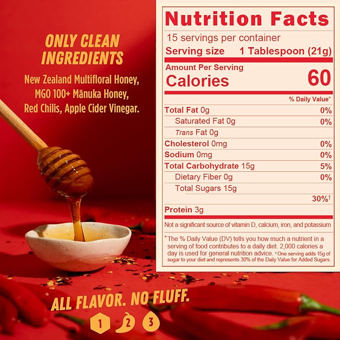 Hot Honey - Sweet Heat 100% Pure New Zealand Raw Manuka Spicy Honey MGO 100+ - Chili-Infused for Cooking & Grilling - No Added Sugar - 11.6oz Squeeze Bottle
