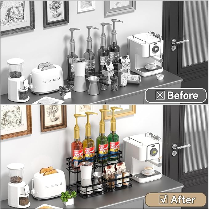 Coffee Syrup Rack Organizer, Syrup Bottle Holder Stand for Coffee Bar, 2-Tier 10 Bottles Storage Shelves for Syrup, Wine, Dressing for Kitchen Countertop (10 Bottles Black)