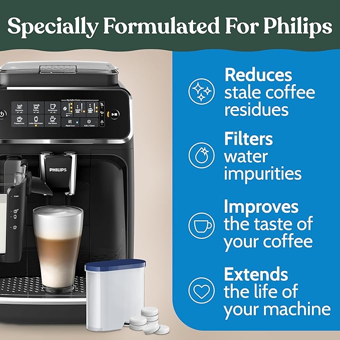Roobi Cleaning Tablets & Filters Compatible with Philips. Includes 16 Espresso Cleaning Tablets & 4 Water Filters. Carbon Neutral Philips Cleaner Kit. 1 Year Supply.