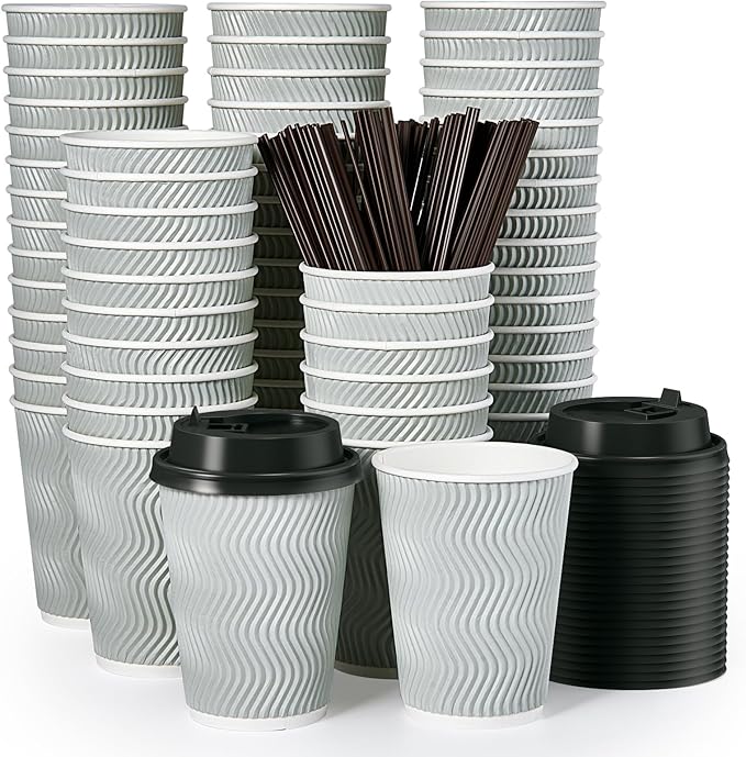 MUCHII 12 oz Disposable Coffee Cups, 100 Count Insulated Ripple To Go Cups With Lids and Straws for Tea, Hot Chocolate, and Drinks