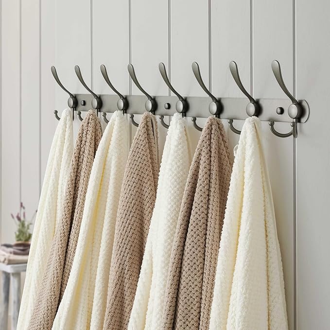 Dseap Coat Rack Wall Mount - 29.5” Long 8-Tri-Hooks Heavy Duty Coat Hanger Rail Wall Hooks for Hanging Coats Hats Clothing Clothes Purse Mudroom Entryway, Gray, Pack of 2