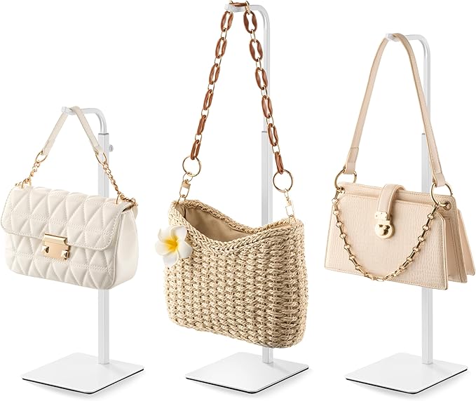 pickpiff 3 Pack Purse Holder Handbag Display Stand: White Hanger Rack for Bags, Purses, and Wreath, Adjustable Hook Stand for Tabletop, Closet, and Retail Use for Vendors