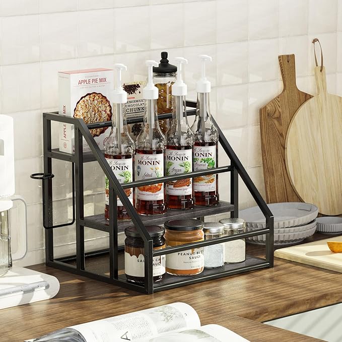 Coffee Syrup Rack Organizer, 3 Tier Countertop Storage Shelves, Kitchen Storage, 12 Syrup Bottle Stand Holder for Wine, Liquor, Kitchen Coffee Station Organizer Rack, 13.8"x13.4"x13.0", Grey