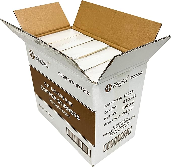 10,000 Count | KingSeal Natural Birch Wood Coffee Beverage Stirrers, Stir Sticks, 5.5 Inches, Round End, Bulk Pack - 10 Boxes x 1000 Stirrers