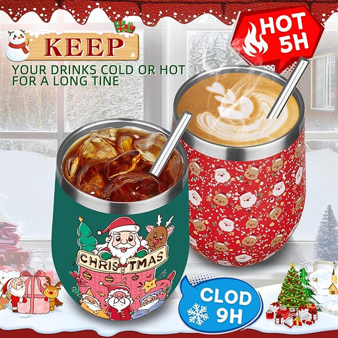 Christmas Wine Tumbler 12 oz Stainless Steel Wine Tumble Insulated Wine Tumbler with Lid Christmas Wine Glass Gifts with Straw and Brushes for Women Men Xmas Wedding Party (Green)