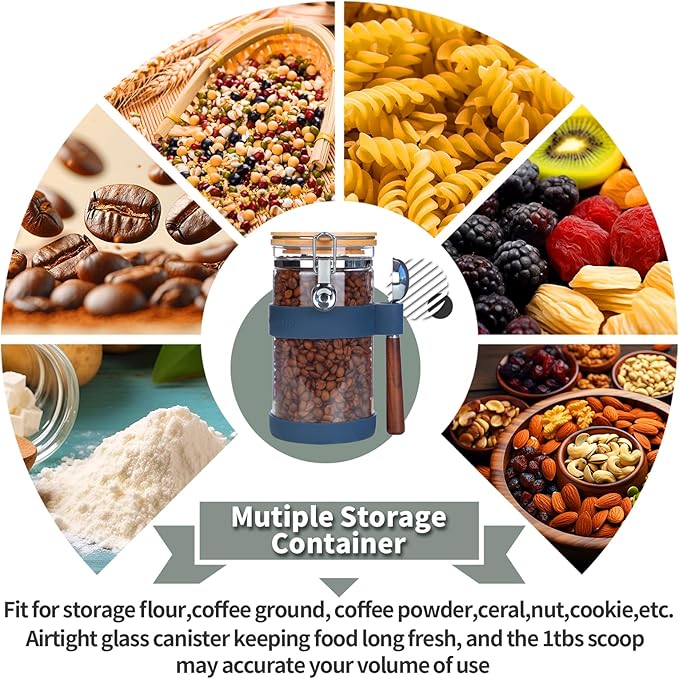 KKC Airtight Coffee Canister, Glass Coffee Bean Storage Contaienr with Silicon Scoop Holder, Non-Slip Silicon Coffee Storage Canister with Spoon for 1 lb Bean,40 Fluid-oz, Indigo