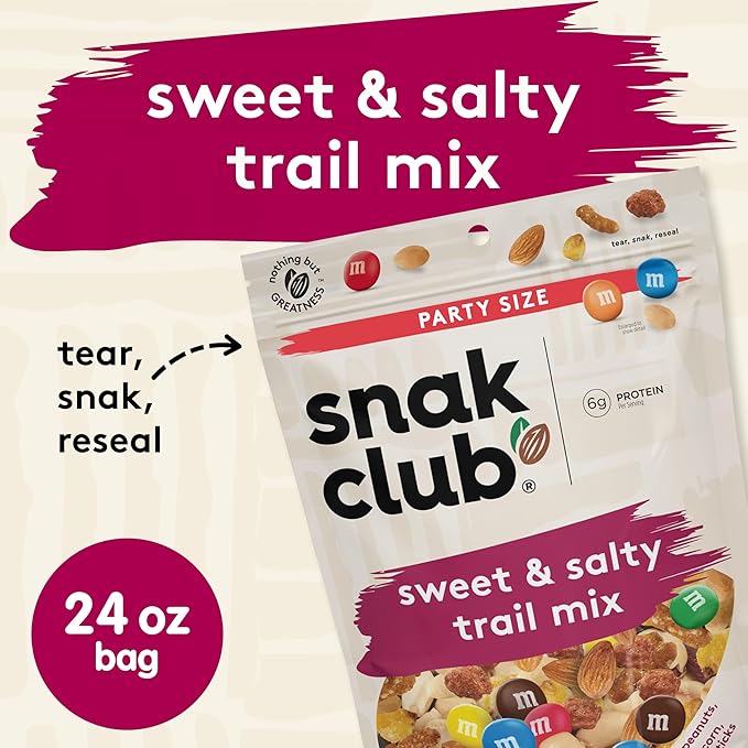 Snak Club Sweet and Salty Trail Mix with Peanuts, Butter Toffee Peanuts, M&M'S Chocolate Candies, Toasted Corn, Honey Sesame Sticks, and Almonds, Kosher Snack, 24 oz Resealable Bag