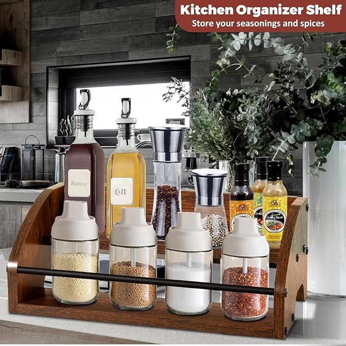 Wooden Countertop Organizer- Liquor Bottle Display Shelf, Coffee Syrup Rack Organizer, Spice Rack, Liquor Cabinet – Small Counter Storage, Stepped Pantry Shelf for Seasonings, Tea, Spice (Brown)