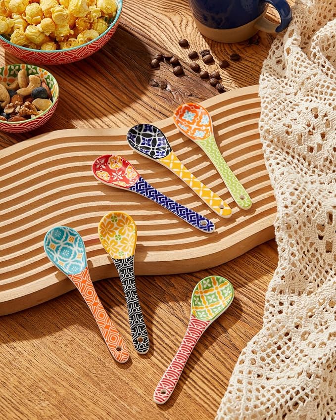 Ceramic Coffee Spoons, Colorful Teaspoons, Small Spoons for Espresso, Dessert, Tea, Stirring, Dishwasher & Microwave Safe, Assorted Colors, Set of 6