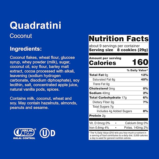 Loacker Quadratini Coconut Wafer Cookies LARGE - 30% Less Sugar - Premium Crispy Bite Size Wafers - NON-GMO - LARGE Pack of 6