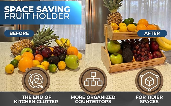 2 Tier Bamboo Fruit Basket for Kitchen Counter with Banana Hanger Hooks, Wooden Fruit Holder for Kitchen Countertop, Vegetable Storage Stand for Fruit Shop