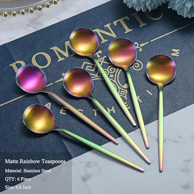 Matt Rainbow Teaspoons 6 Piece, 6.6'' - Stainless Steel, Colorful, Dishwasher Safe