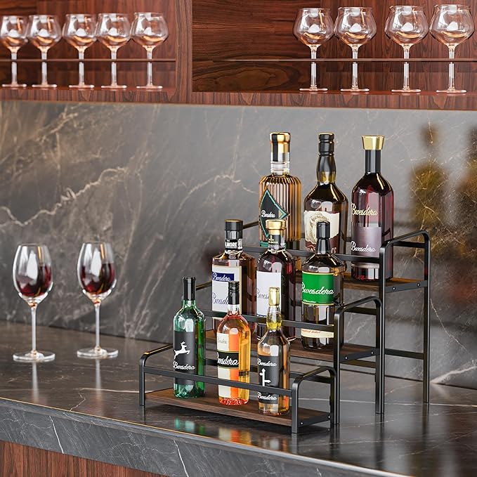 Coffee Syrup Rack Organizer, Wine Racks, Spice Racks, 3-Tier (Magnetic Connection) 12 Bottles Storage Shelves for Syrup Bottle Holder Stand for Coffee Bar, Kitchen Countertop, Rustic Brown & Black