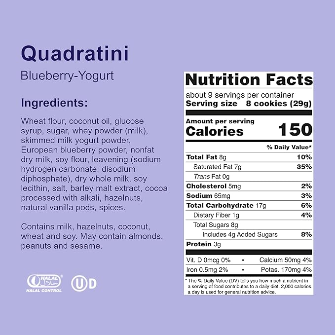 Loacker Quadratini Blueberry Yogurt Wafer Cookies LARGE - 30% Less Sugar - Premium Crispy Bite Size Wafers - LARGE Pack of 6