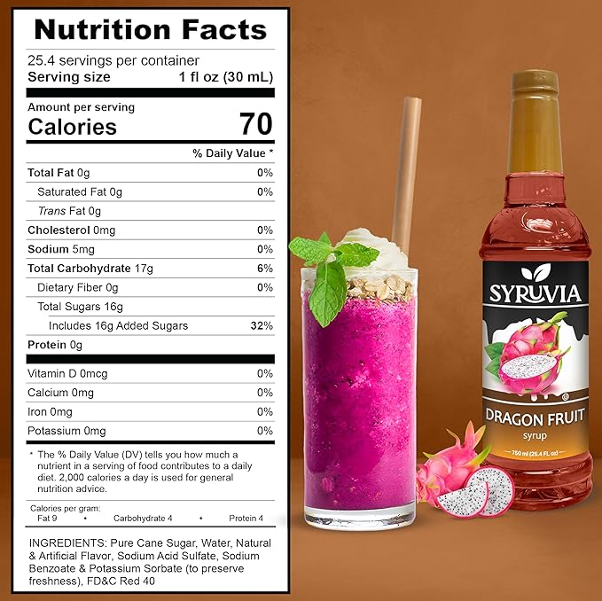 Syruvia Dragon Fruit Syrup, Flavored Syrup for Drinks, Cocktails, Lemonades, Iced Teas, and Desserts – 25.4 fl oz, With Pump