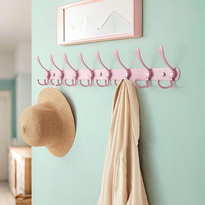 Dseap Coat Rack Wall Mount - 29.5” Long 8-Tri-Hooks Heavy Duty Coat Hanger Rail Wall Hooks for Hanging Coats Hats Clothing Clothes Purse Mudroom Entryway, Pink, Pack of 2