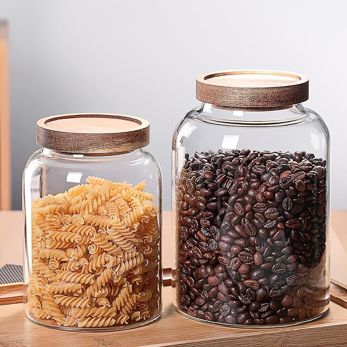 MOLFUJ 1200ML 40FL Oz Glass Storage Container with Wood Lid Large Decorative Organizer Bottle Canister Pantry Jar with Air Tight Wooden Lid for Food Coffee Candy Cereal Rice Flour Pop Spaghetti