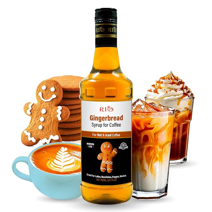 RIO Gingerbread Flavoring Coffee Syrup for Hot or Iced Drinks and Desserts, Spiced and Warming Coffee Syrup Flavoring Sweetened with Pure Cane Sugar, Barista-Grade  Flavor Syrups For Drinks at Home & Work - 700ml