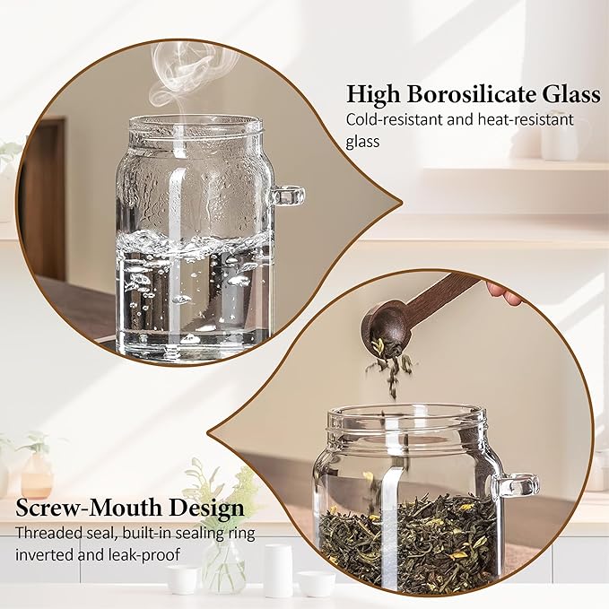OLADRI 18 oz/550 ml Glass Storage Canister with Airtight Wooden Lid, Clear Small Decorative Container Jar with Spoon for Salad Overnight Oats Snacks Yogurt Cereal Fruit Spice Sugar Coffee Candy Salt