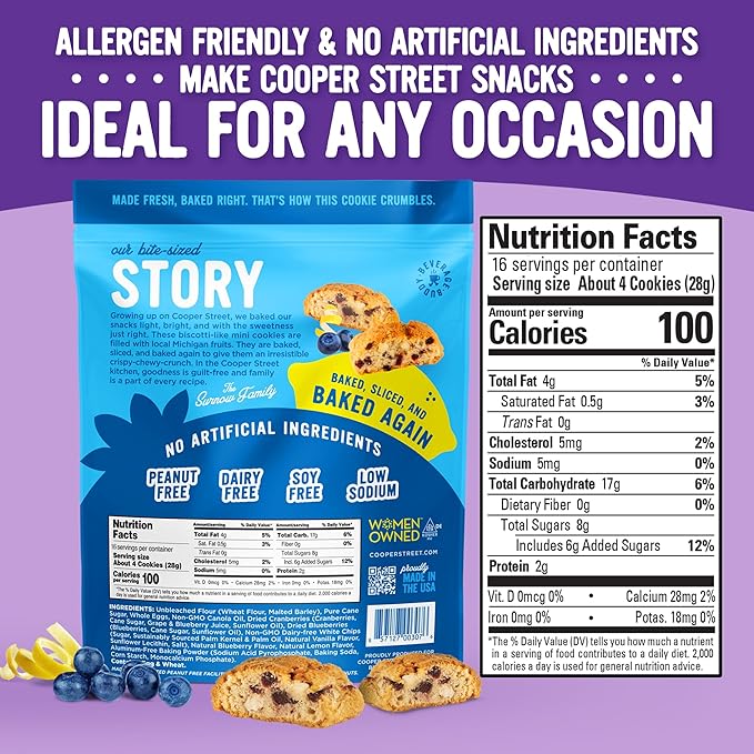 Cooper Street Twice-Baked Blueberry Lemon Biscotti Cookies (16 oz) – Over 50 Biscotti per Bag Loaded with Real Fruit, Italian Style Snacks Ideal with Coffee or Tea - Dairy, Peanut & Soy Free, Kosher